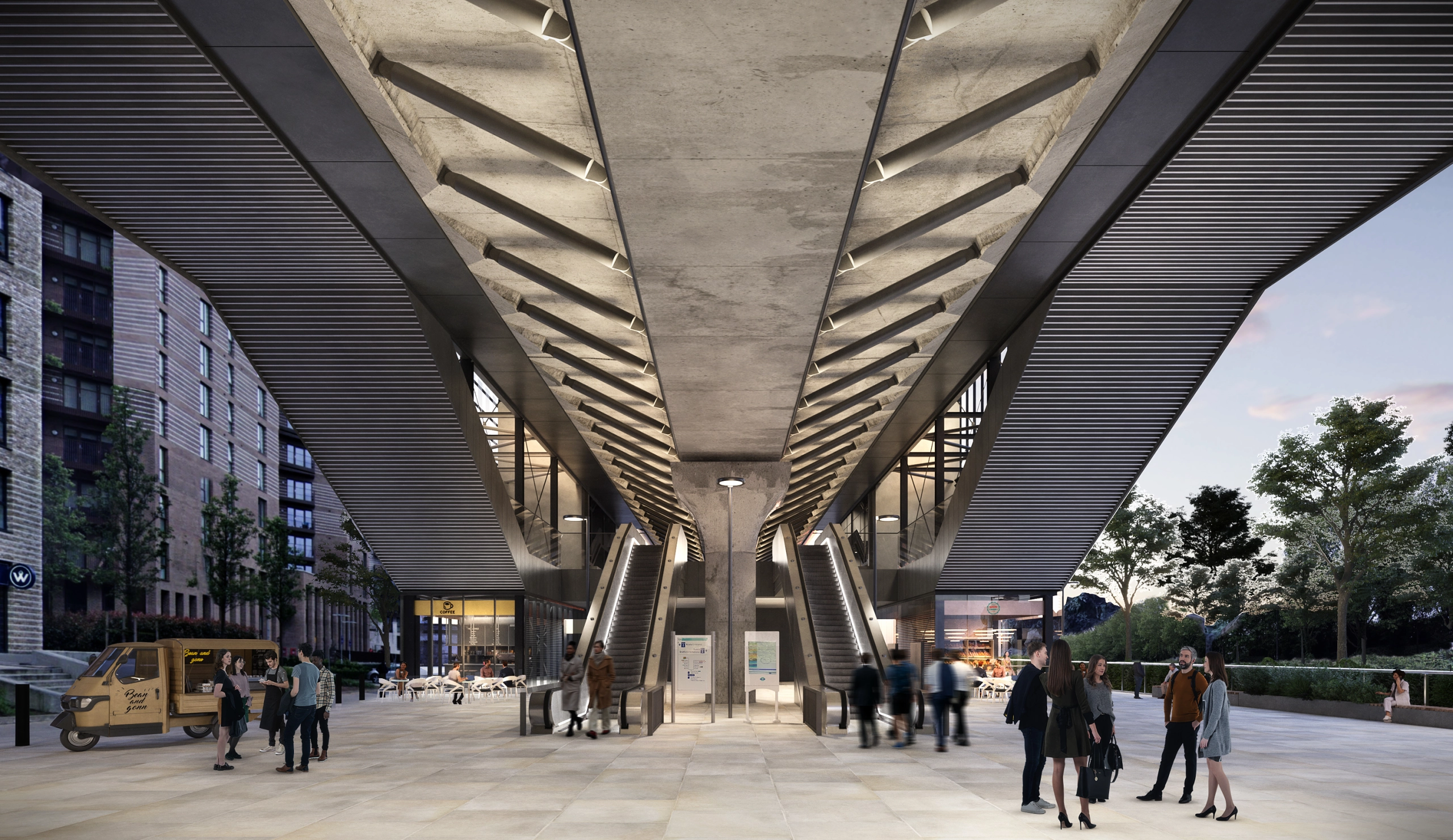 Architectural rendering of the public space beneath the elevated Pontoon Dock Station. Twin escalators provide access to the station above, with pedestrian seating areas, retail units, landscaping and improved routes creating a welcoming transport hub environment.