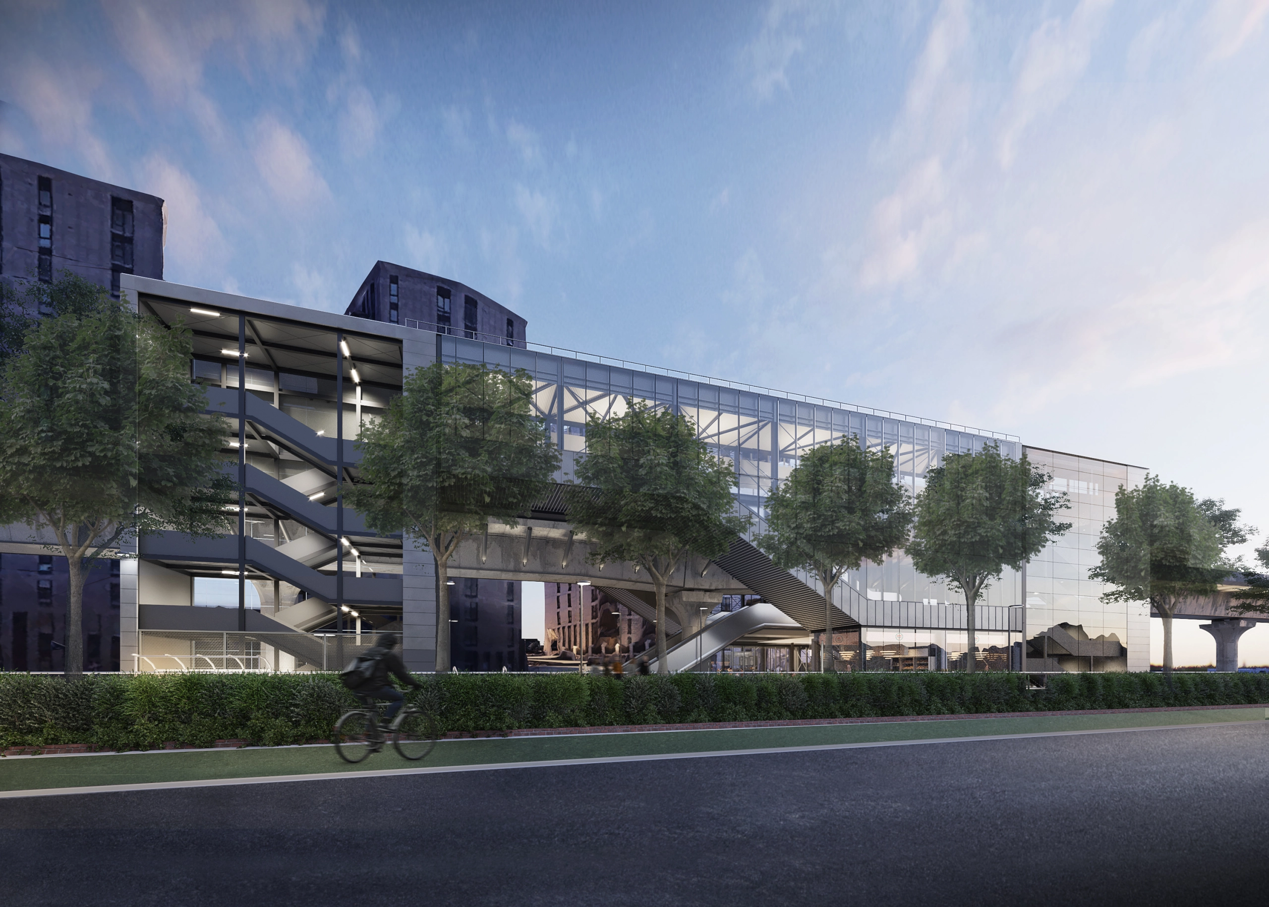Architectural rendering of the upgraded Pontoon Dock Station, featuring a large glass-enclosed structure, external staircases, new escalators and improved pedestrian access beneath the elevated railway. Trees, a cycle route and surrounding residential buildings are visible.