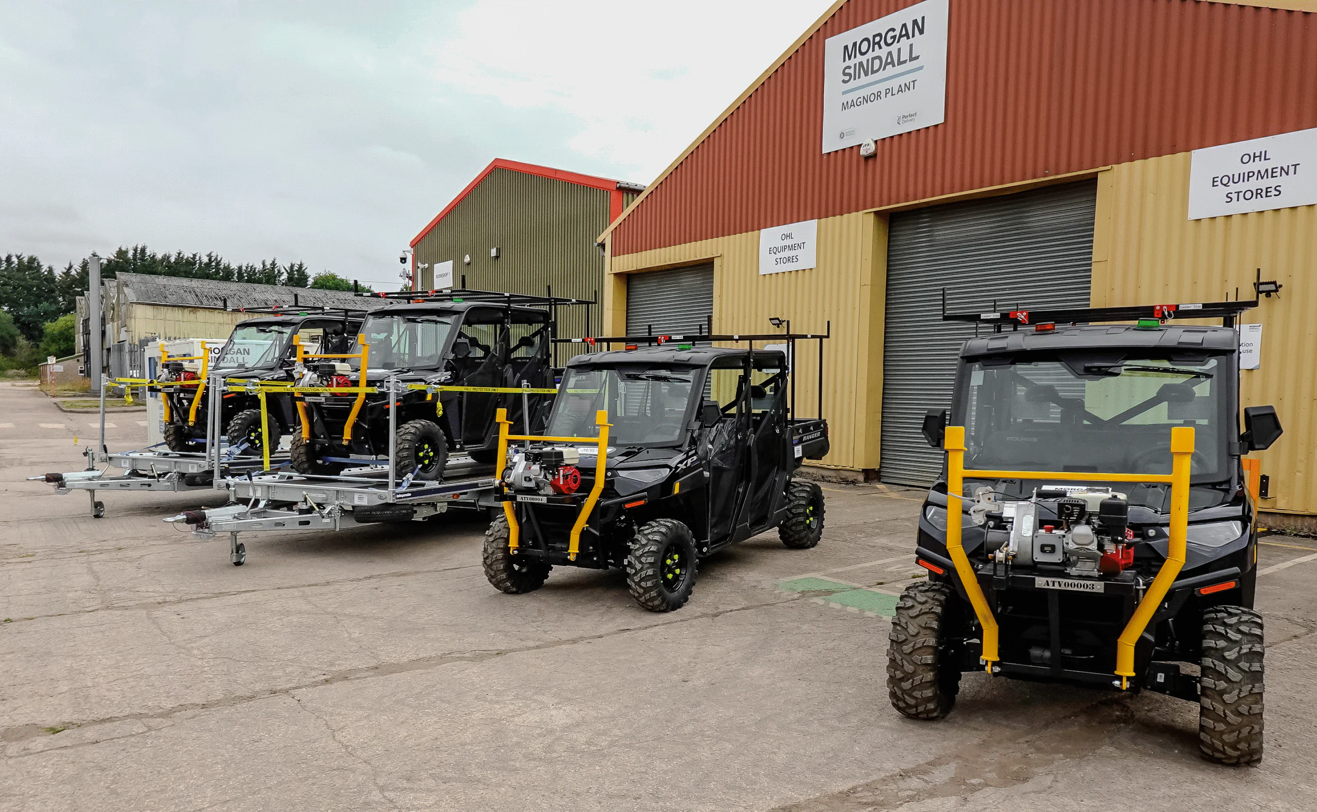 All-terrain vehicles branded "Morgan Sindall" parked outside the Magnor Plant facility, designed for rugged site access.