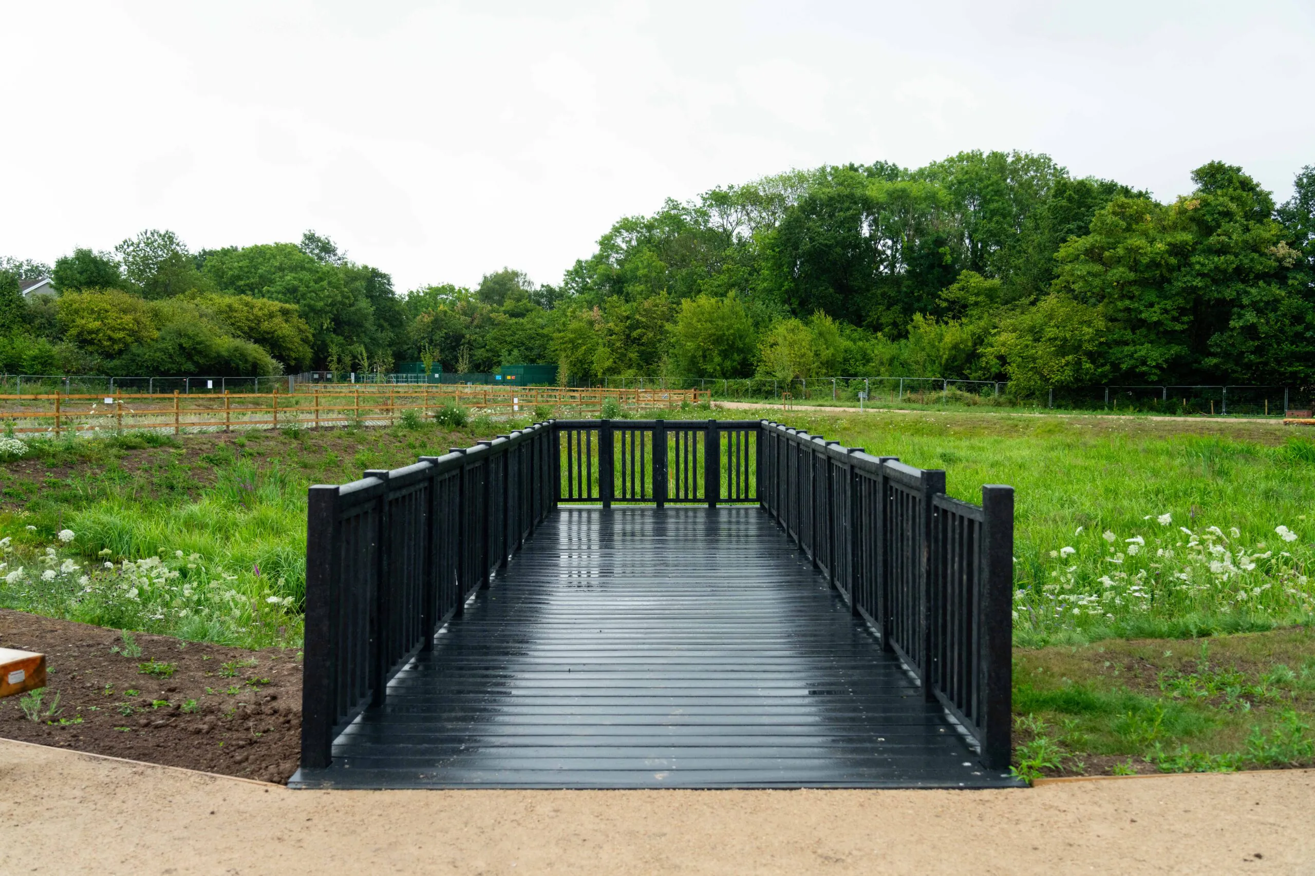 Black wooden bridge with railings extending over a grassy field toward a lush green forest.
