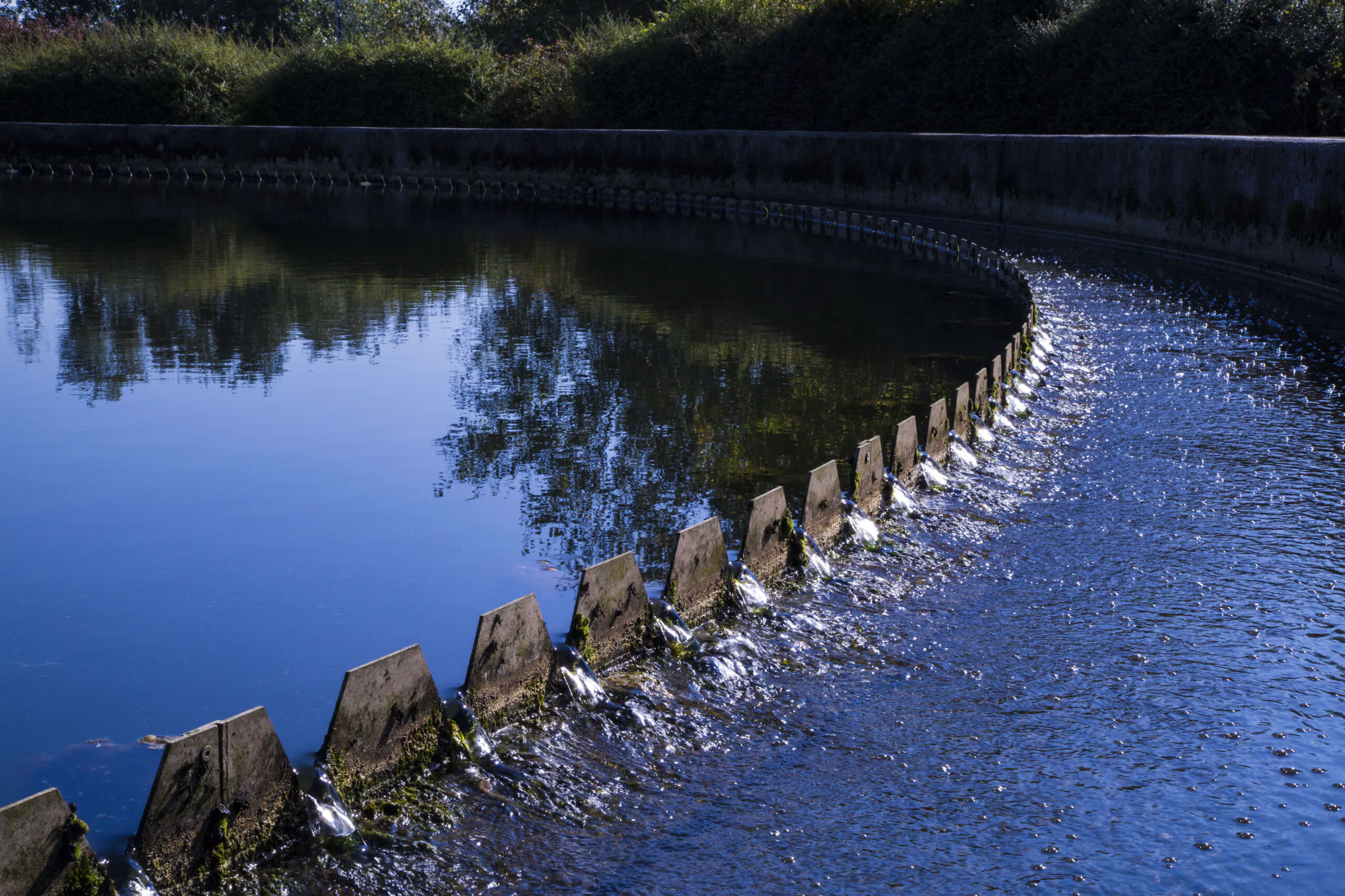 Circular water treatment basin with triangular weirs and surrounding trees reflected in the water.