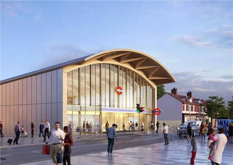 Artist’s rendering of a modern building exterior surrounded by scaffolding in an urban redevelopment setting.