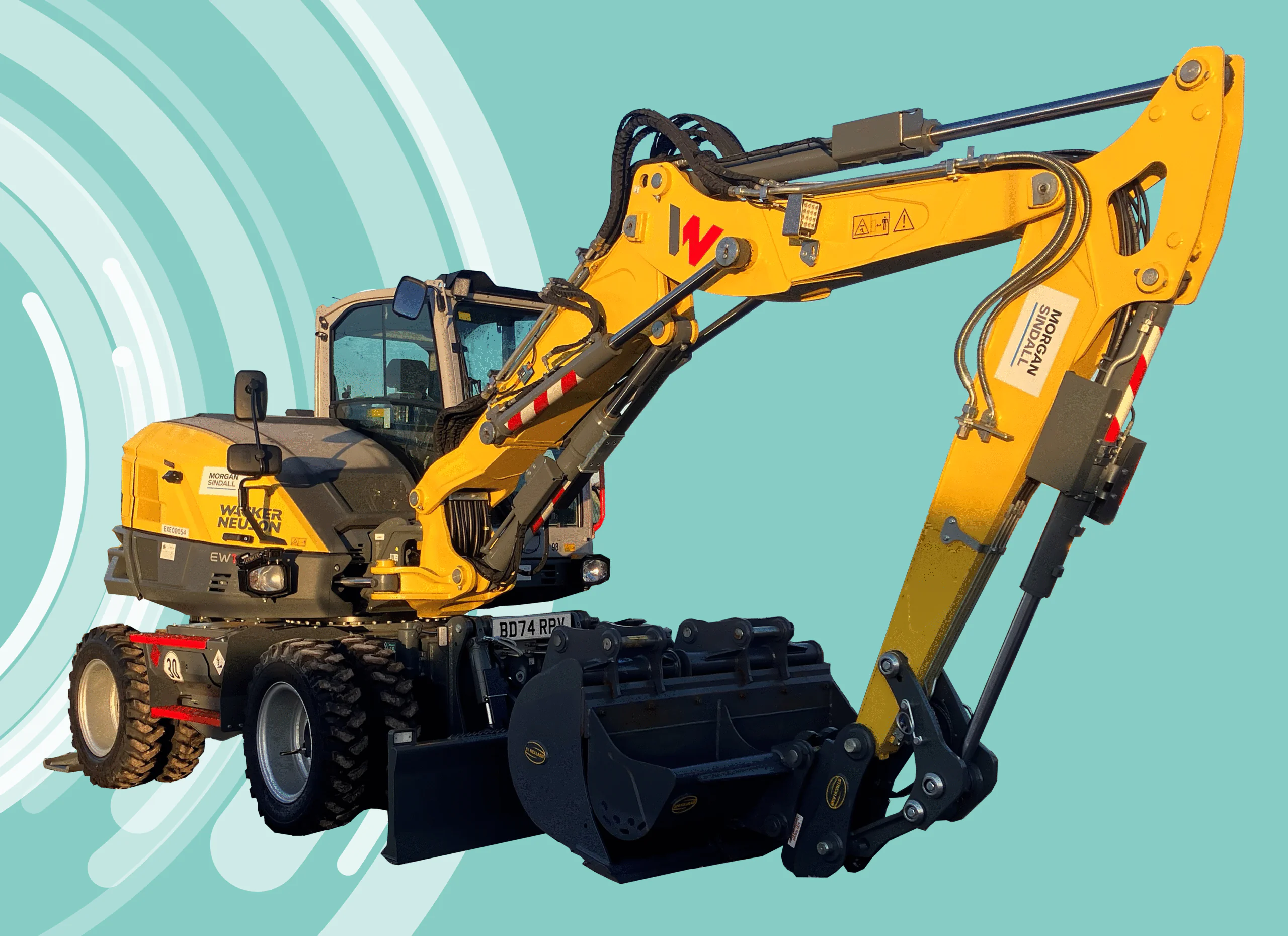 Yellow Wacker Neuson excavator with Morgan Sindall branding, displayed against a teal background with circular patterns.