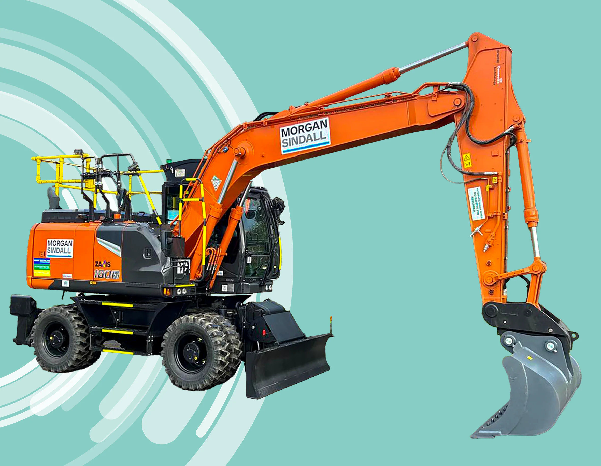 Orange excavator with Morgan Sindall branding displayed against a teal background with circular patterns.