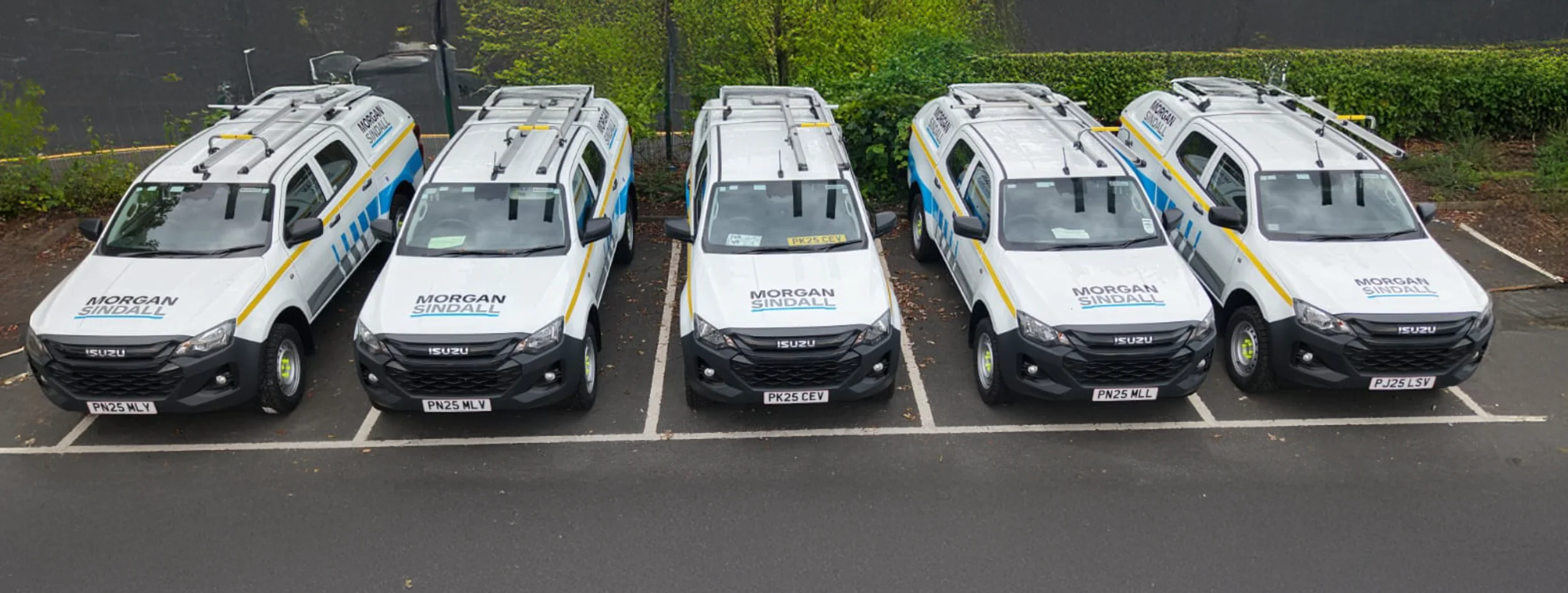 Six white Isuzu 4x4 utility vehicles branded "Morgan Sindall" parked in parallel in an outdoor lot surrounded by greenery.