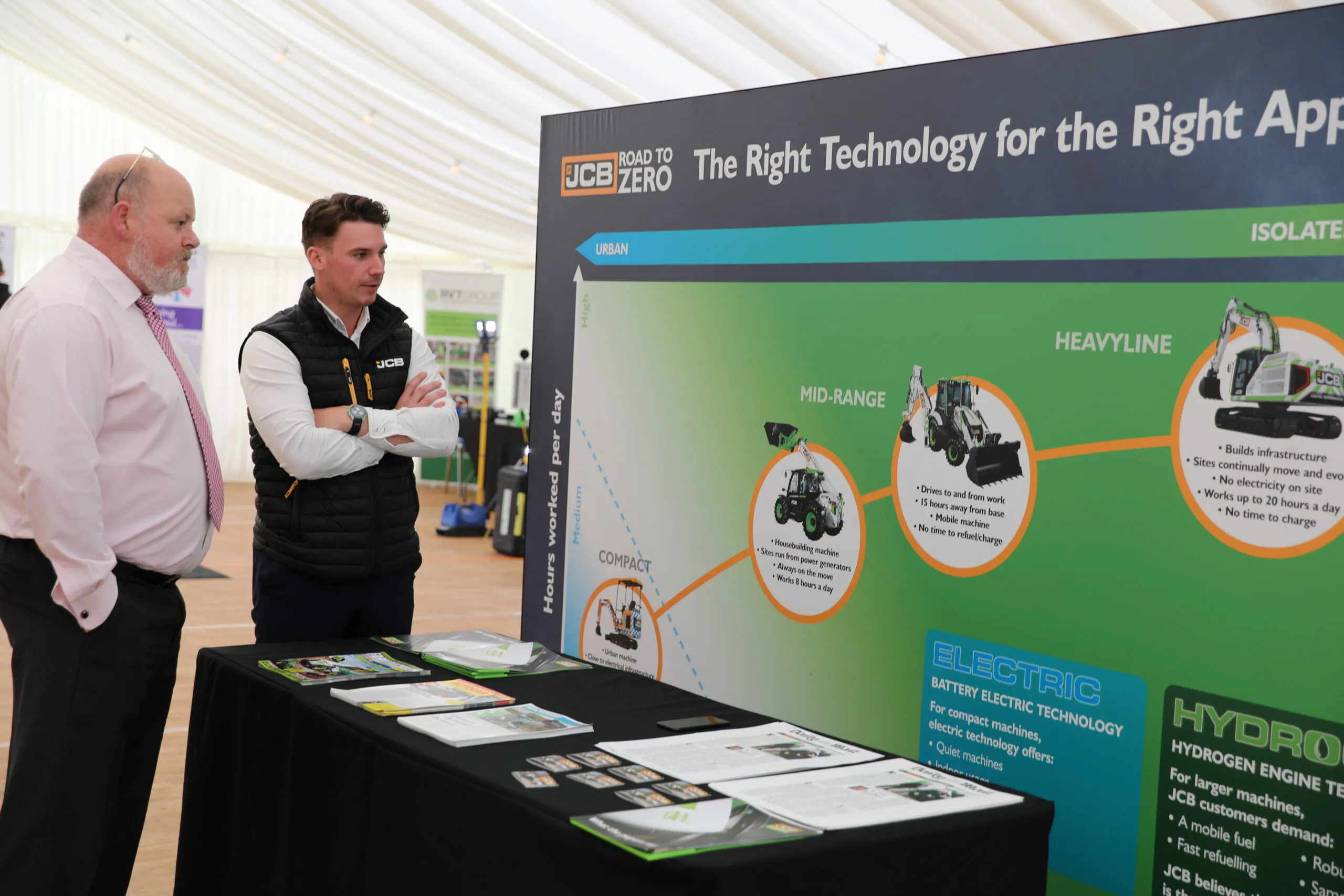 Two men discussing beside a JCB Road to Zero display board highlighting technology applications for construction machinery.