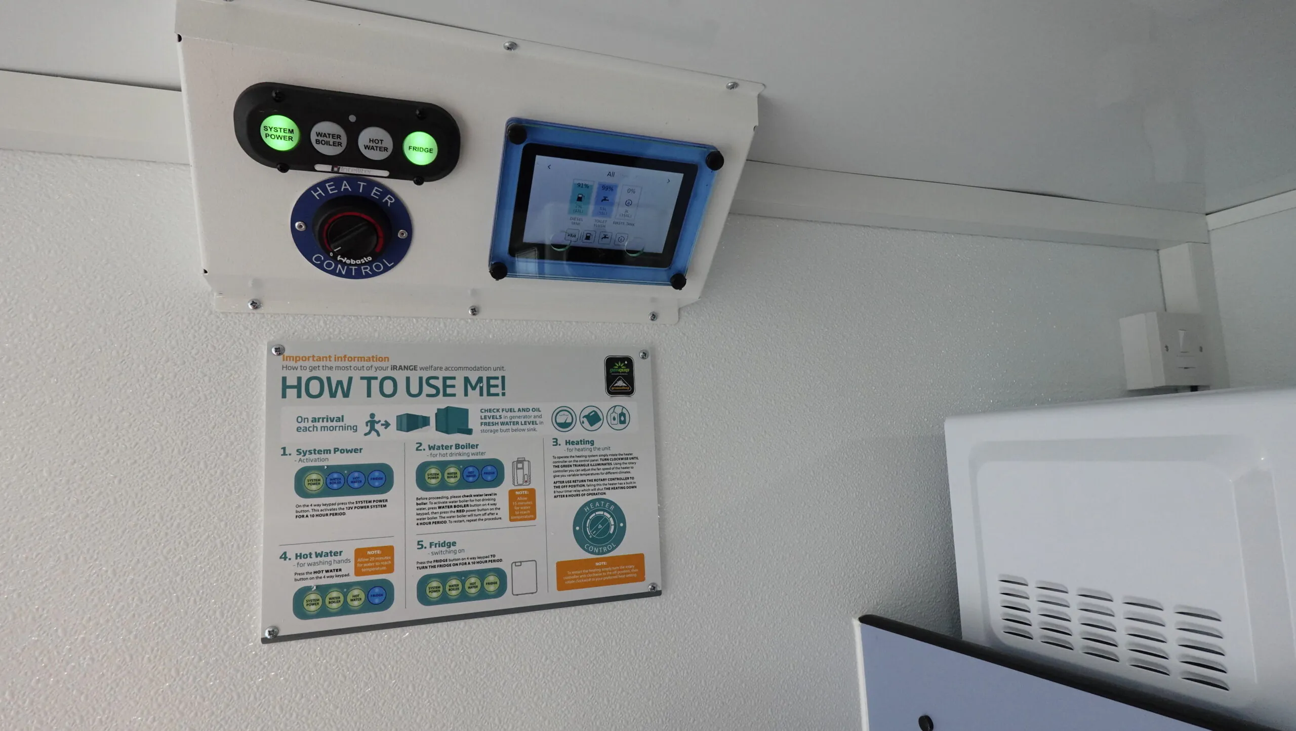Close-up of an instructional panel titled "HOW TO USE ME!" with labeled buttons and a digital display for controlling heater, water boiler, fridge, and other utilities.