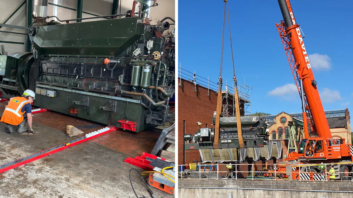 Two-part image showing installation of heavy machinery. Left: a worker in an orange vest positions a large green machine inside a building. Right: an orange crane lifts the same machine outside near brick buildings.