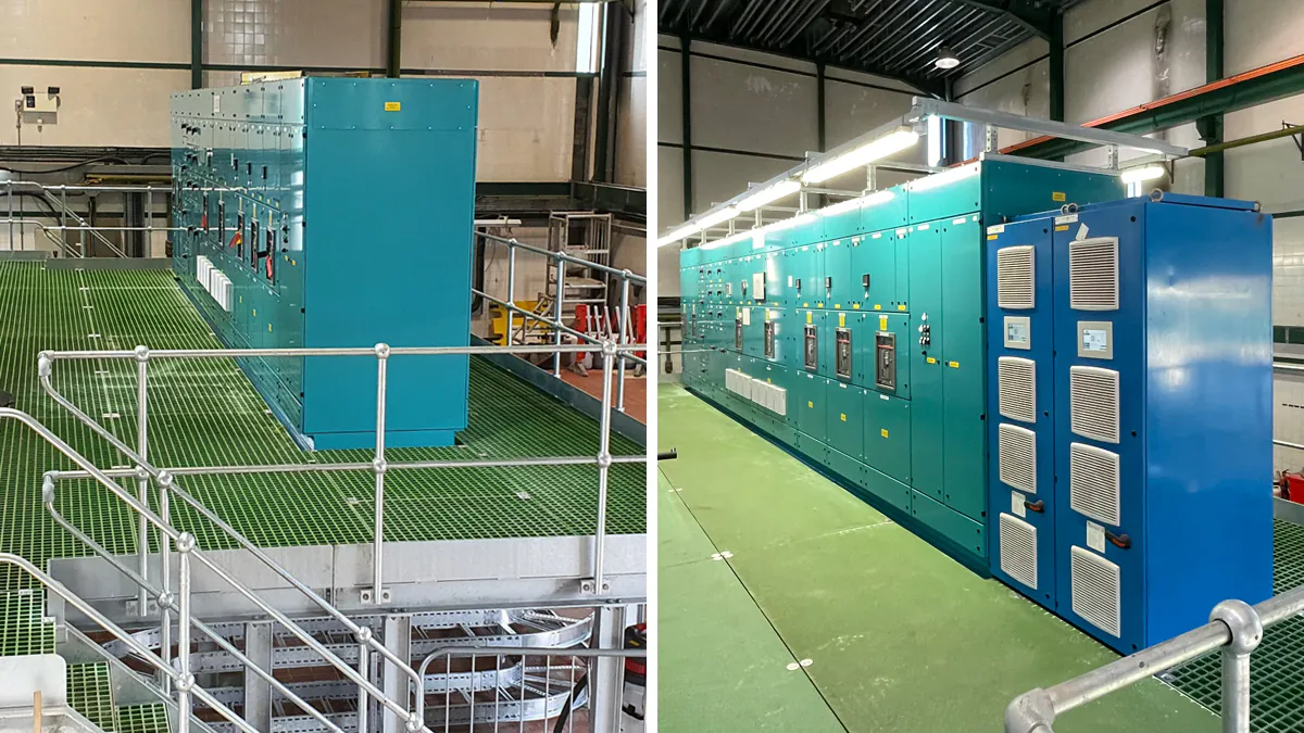 Two images showing blue electrical control panels inside an industrial facility with safety railings and grated flooring.