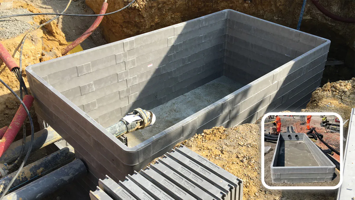 Rectangular concrete basin under construction with pipes leading into it; inset image shows another angle of the basin installation.