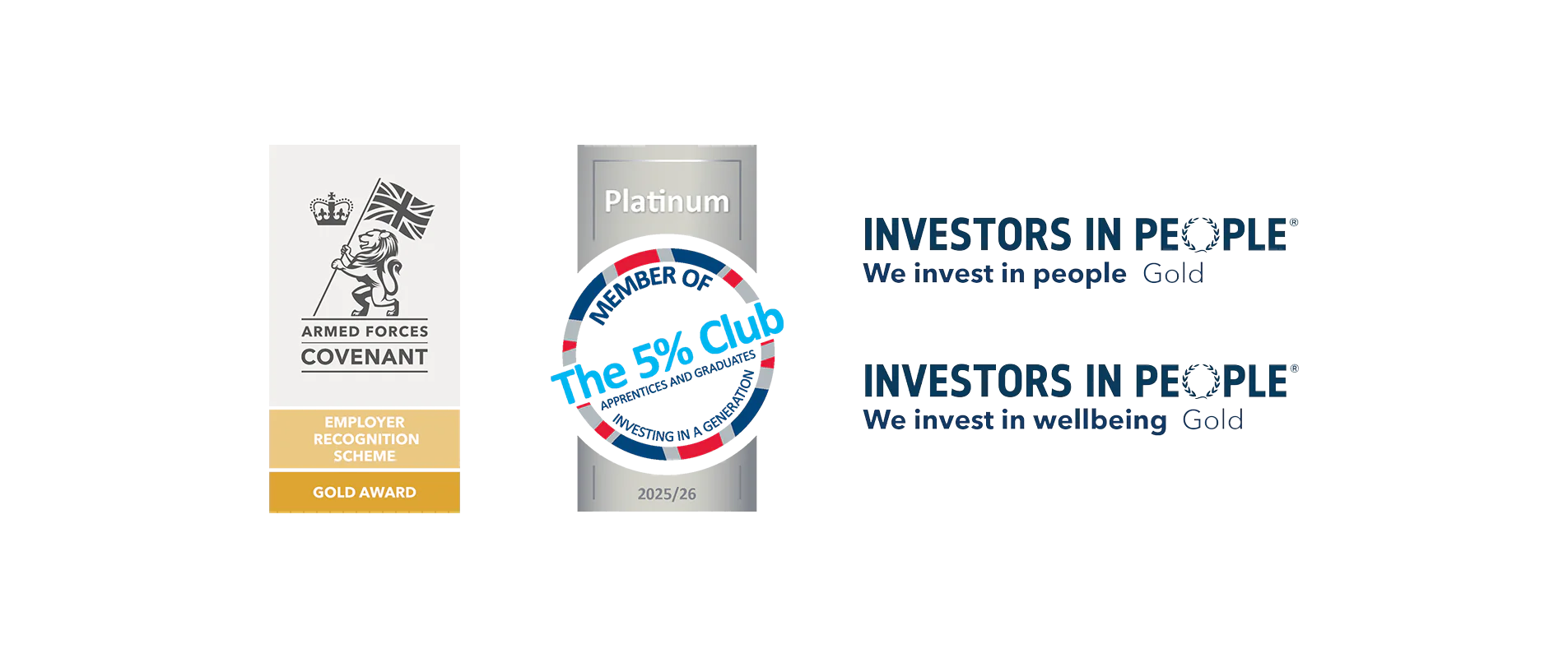 A composite image showcasing four prestigious employer awards. On the left, a vertical badge features a lion holding a Union Jack flag with a crown above, labeled 'Armed Forces Covenant Employer Recognition Scheme Gold Award.' In the center, a silver plaque titled 'Platinum' displays the logo of 'The 5% Club' with the text 'Apprentices and Graduates Investing in a Generation' and the year '2025/26.' On the right, two horizontal logos stacked vertically read 'Investors in People – We invest in people Gold' and 'Investors in People – We invest in wellbeing Gold.'