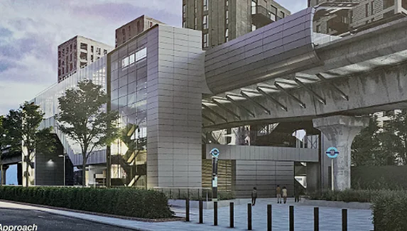 Architectural visualisation of the proposed Pontoon Dock Station upgrade, showing a new glazed station building beneath the elevated Docklands Light Railway structure. The design includes improved station access, widened public space, landscaping and connections between street level and the station.